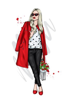 Palto ve pantolon içinde bir buket lale ile güzel bir kız. Moda, tarz, kıyafetler ve aksesuarlar. Çiçekler ve bahar. Uzun saçlı bir kadın. Bir kart veya poster için vektör illüstrasyonu.