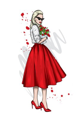 Uzun etekli ve bluzlu güzel bir kız. Uzun saçlı, şık bir kadın ve bir buket lale. Bahar ve çiçekler, moda ve tarz, kıyafetler, aksesuarlar. Bir kart veya poster için vektör illüstrasyonu