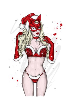 Seksi iç çamaşırlı ve maskeli güzel bir kız. Aşk, seks, bdsm. Tebrik kartı ya da poster için vektör illüstrasyon, kıyafetlerin üzerine baskı. Sevgililer Günü. Yeni yıl Noel 'i. Noel Baba.