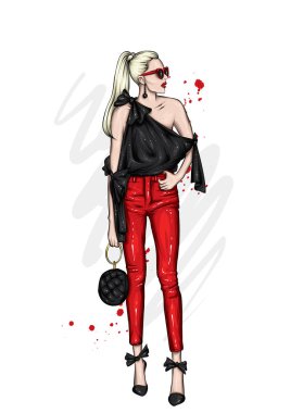 Pantolon ve gömlek içinde çok güzel. Şık kıyafetler ve aksesuarlar. Modaya uygun bir kadın. Vektör çizimi. Moda & Biçimi. Moda bakışı.. 