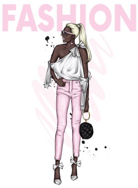 Pantolon ve gömlek içinde çok güzel. Şık kıyafetler ve aksesuarlar. Modaya uygun bir kadın. Vektör çizimi. Moda & Biçimi. Moda bakışı.. 