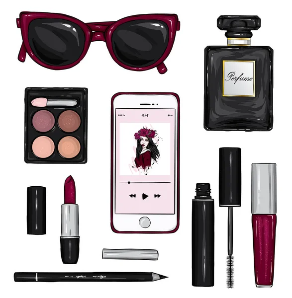 A stylish set of cosmetics and accessories. Sunglasses, lipstick, mascara, eye shadow, lip gloss and pencil, smartphone, phone, perfume. Fashion & Style. Vector illustration. Eps 10.