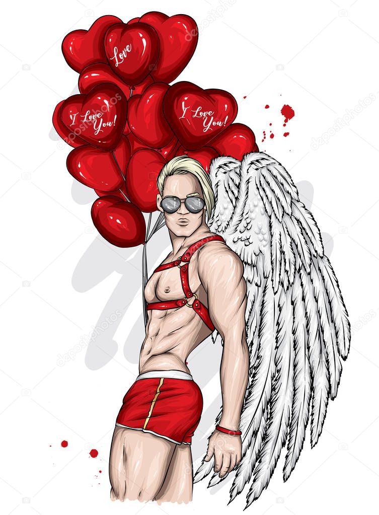 Handsome sports guy in shorts and with angel wings. Muscular man. Love and Valentine's Day. Illustration for postcard or poster. Fashion and style, clothes, accessories.