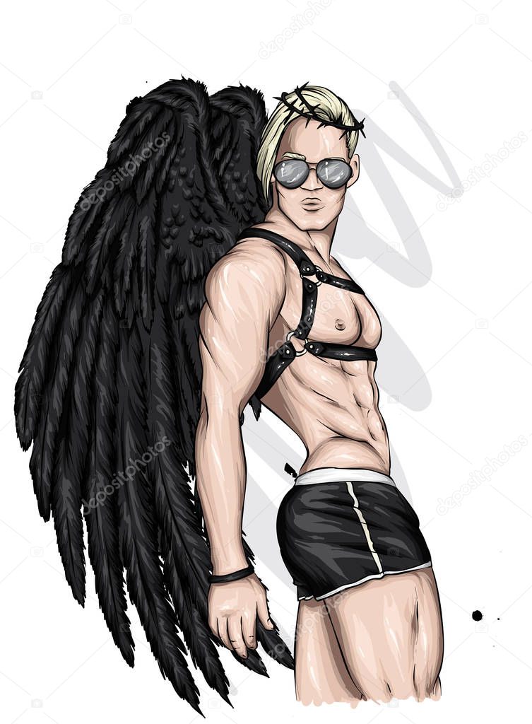 Handsome athletic guy in shorts, a crown and with angel wings. Muscular man Stripper. Illustration for postcard or poster. Fashion and style, clothes, accessories.