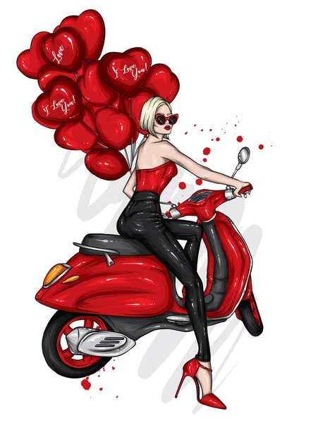 Hermosa Chica Una Motocicleta Genial Motociclista Mujer Con Estilo Gafas — Vector de stock