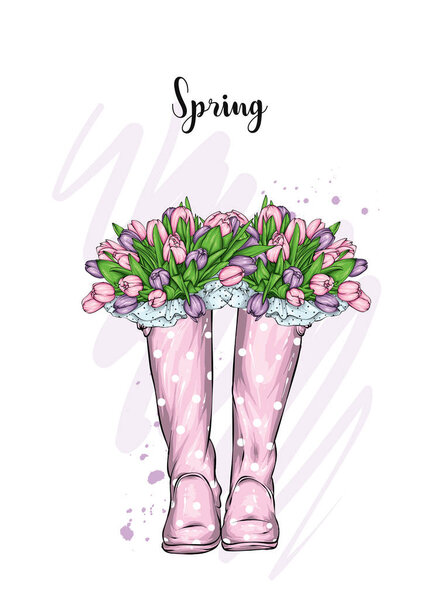 Bouquet of tulips in a beautiful rubber boots. Vector illustration. Spring flowers.