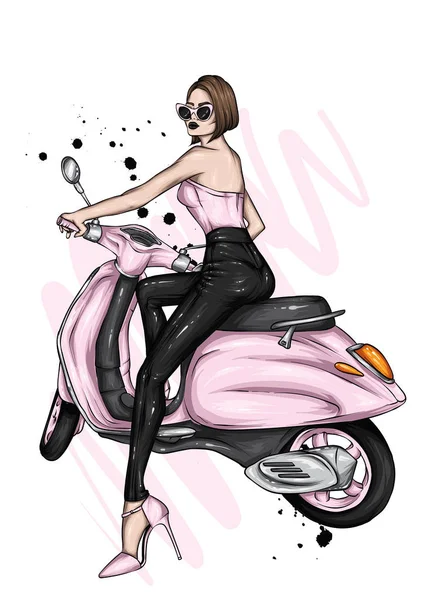 Belle Fille Sur Une Moto Cool Motard Femme Élégante Dans — Image vectorielle