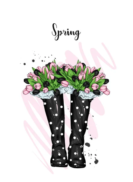 Ramillete Tulipanes Unas Bonitas Botas Goma Ilustración Vectorial Flores Primavera — Archivo Imágenes Vectoriales