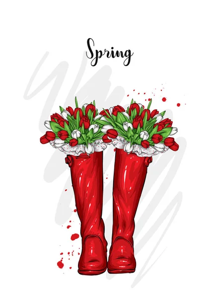 Bouquet Tulipes Dans Une Belle Bottes Caoutchouc Illustration Vectorielle Fleurs — Image vectorielle