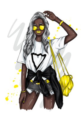 Beautiful girl in a stylish t-shirt and shorts. Summer clothes. Fashion & Style. Vector illustration for greeting card or poster. 