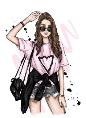 Beautiful girl in a stylish t-shirt and shorts. Summer clothes. Fashion & Style. Vector illustration for greeting card or poster. 