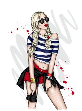 Beautiful girl in a stylish t-shirt and shorts. Summer clothes. Fashion & Style. Vector illustration for greeting card or poster. 