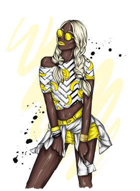 Beautiful girl in a stylish t-shirt and shorts. Summer clothes. Fashion & Style. Vector illustration for greeting card or poster. 