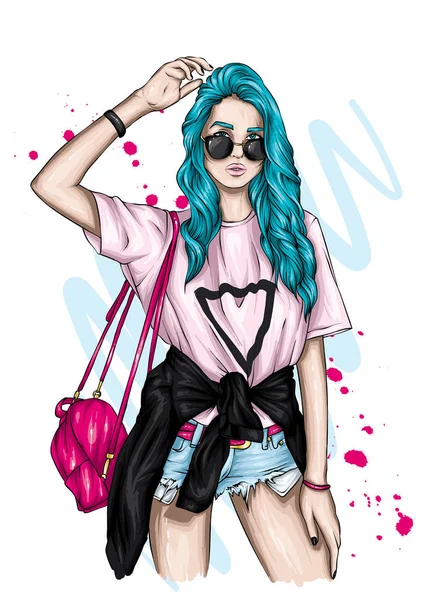 Beautiful girl in a stylish t-shirt and shorts. Summer clothes. Fashion & Style. Vector illustration for greeting card or poster. 