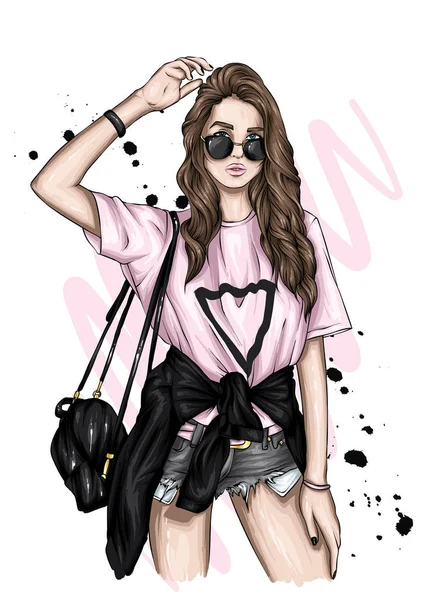 Beautiful girl in a stylish t-shirt and shorts. Summer clothes. Fashion & Style. Vector illustration for greeting card or poster. 