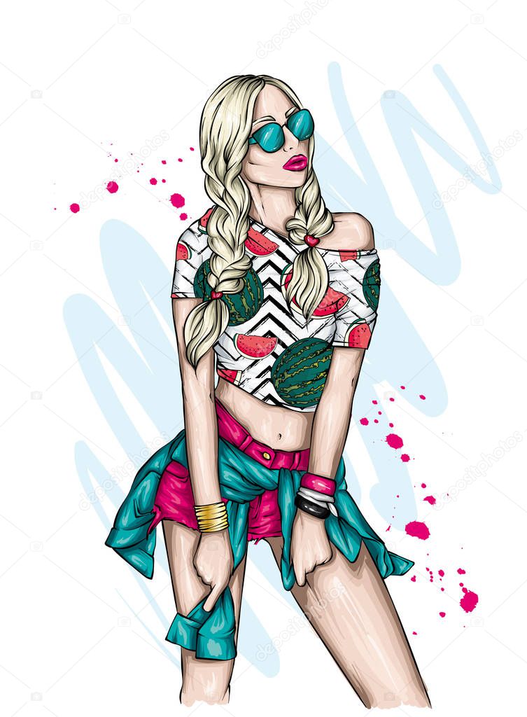 Beautiful girl in a stylish t-shirt and shorts. Summer clothes. Fashion & Style. Vector illustration for greeting card or poster. 