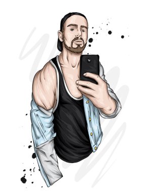 Tişörtlü, ceketli ve şapkalı yakışıklı bir adam selfie çekiyor. Bir adam ve bir akıllı telefon. Kart ya da poster için vektör illüstrasyon, kıyafetlerin üzerine baskı. Moda ve tarz, aksesuarlar.