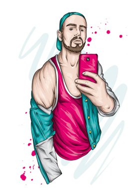 Tişörtlü, ceketli ve şapkalı yakışıklı bir adam selfie çekiyor. Bir adam ve bir akıllı telefon. Kart ya da poster için vektör illüstrasyon, kıyafetlerin üzerine baskı. Moda ve tarz, aksesuarlar.
