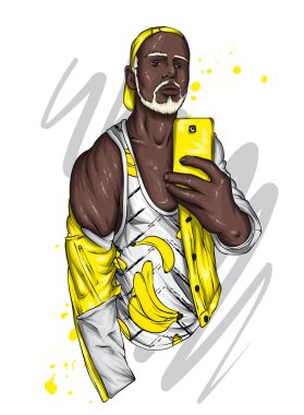 Tişörtlü, ceketli ve şapkalı yakışıklı bir adam selfie çekiyor. Bir adam ve bir akıllı telefon. Kart ya da poster için vektör illüstrasyon, kıyafetlerin üzerine baskı. Moda ve tarz, aksesuarlar.