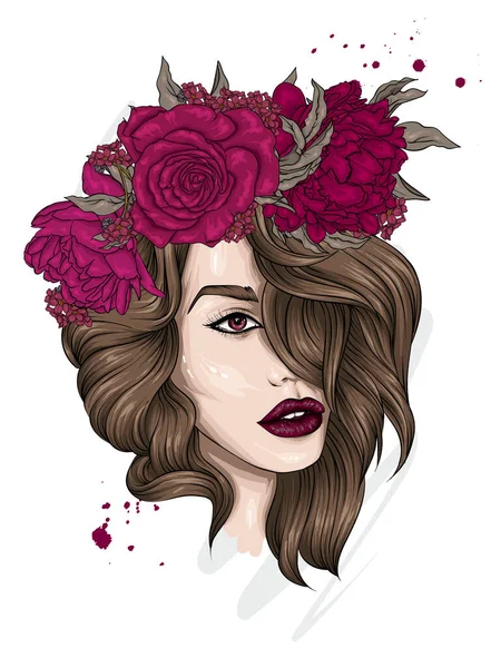 Hermosa Chica Con Pelo Largo Una Corona Rosas Peonías Flores — Vector de stock