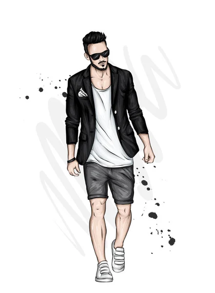 Handsome Guy Shorts Blazer Shirt Sporty Man Summer Clothes Vector — Stock Vector