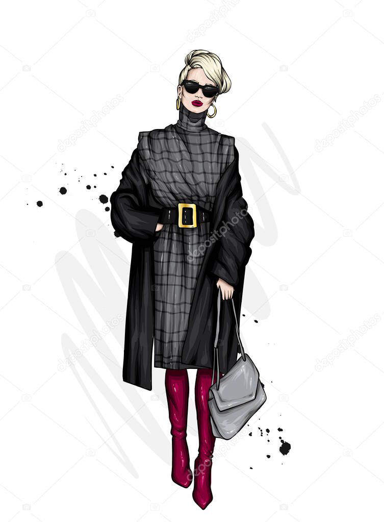 Beautiful, tall and slender girl in a stylish coat, dress, and glasses. Stylish woman in high-heeled shoes. Fashion & Style. Vector illustration.