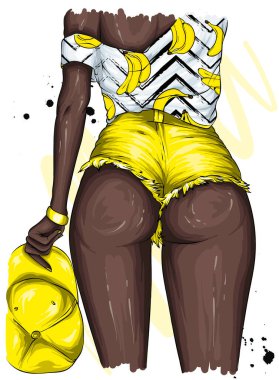 Beautiful female butt in short shorts. Summer, vacation and sea. Vector illustration for postcard or poster, print. Fashion and style, clothes and accessories.