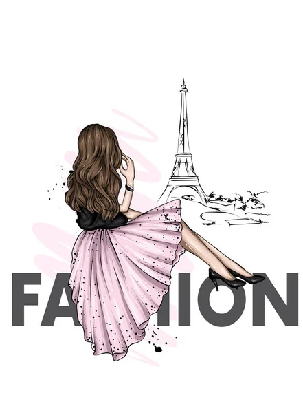Menina Vestido Bonito Sapatos França Paris Ilustração Vetorial Para Cartão — Vetor de Stock