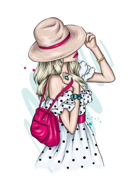 Beautiful Girl Stylish Summer Dress Hat Vector Illustration Poster Print — Stock Vector