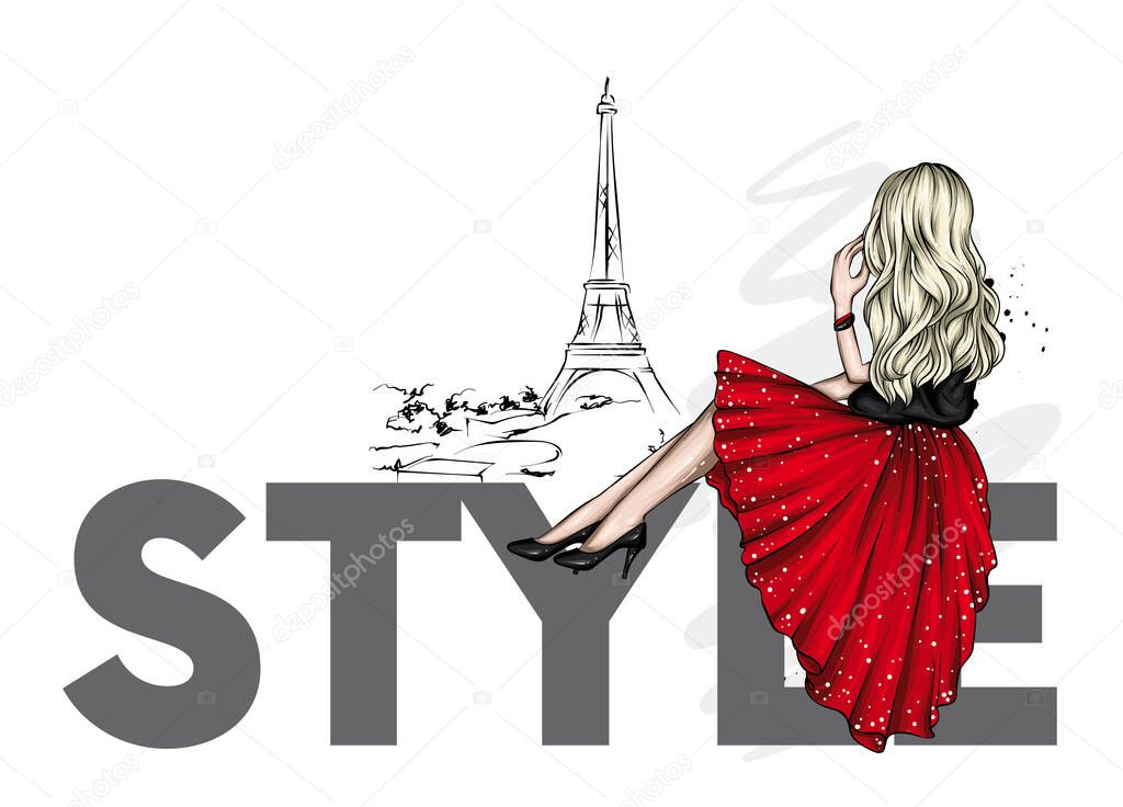 Girl in a beautiful dress and shoes. France and Paris. Vector illustration for greeting card or poster, fashion and style, clothes and accessories.