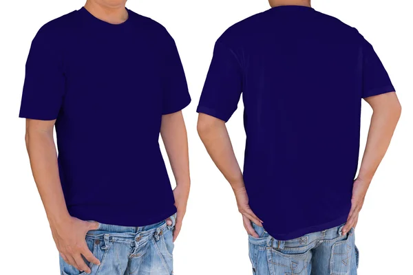 Man met lege donkere t-shirt van de blauwe met uitknippad, voor een — Stockfoto