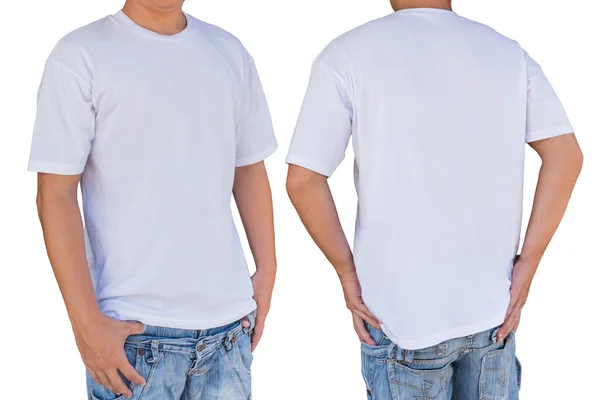 Homem vestindo branco t-shirt cor branca com recorte caminho, frente — Fotografia de Stock