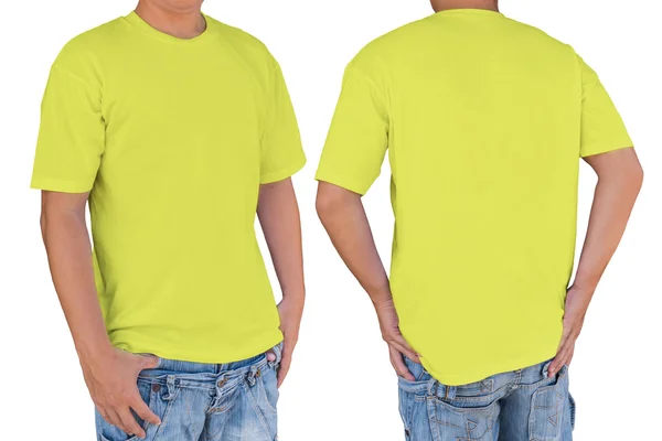 男人穿着柔软的黄颜色的 t 恤与剪切路径，前面 — 图库照片