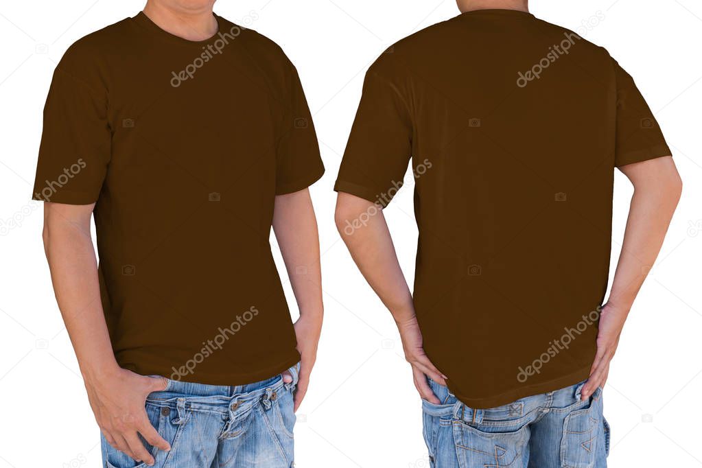 Man wearing brown t-shirt with clipping path, front and back vie