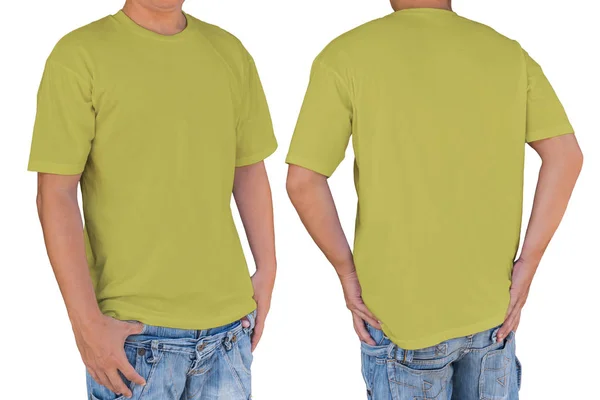 Man met lege olijf groen kleur t-shirt met uitknippad, — Stockfoto