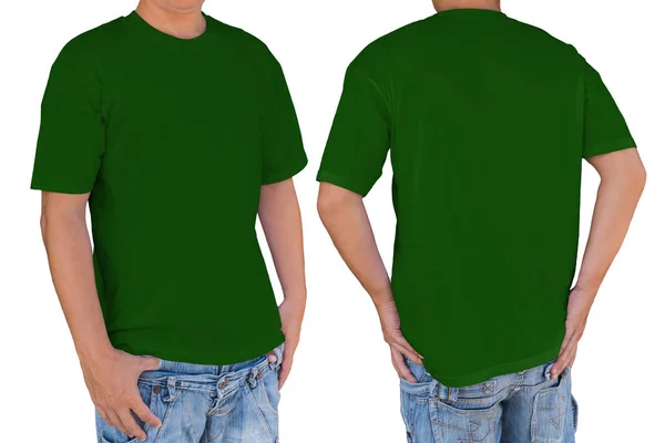Man met lege groene t-shirt met uitknippad, voorste en ba — Stockfoto