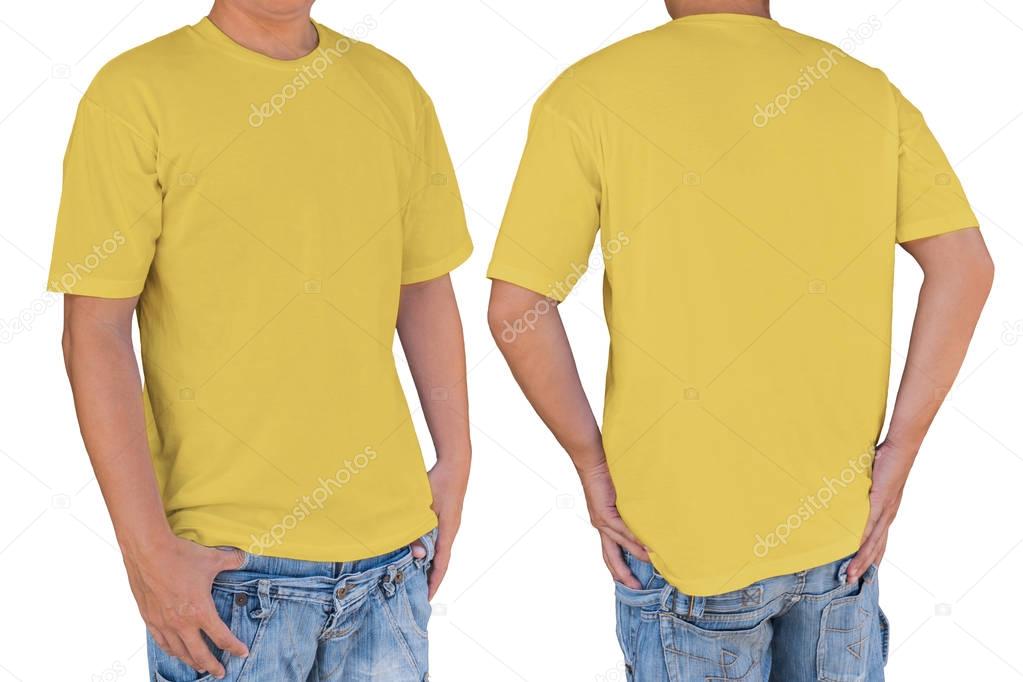 Man wearing soft yellow color t-shirt with clipping path, front 