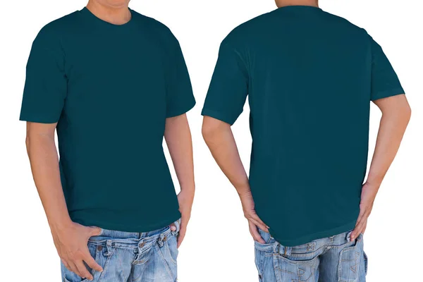Man met lege Sherpa blauwe kleur t-shirt met uitknippad, — Stockfoto