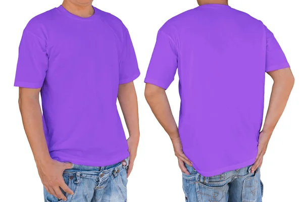 Man met lege zachte violet t-shirt met uitknippad, voorste — Stockfoto