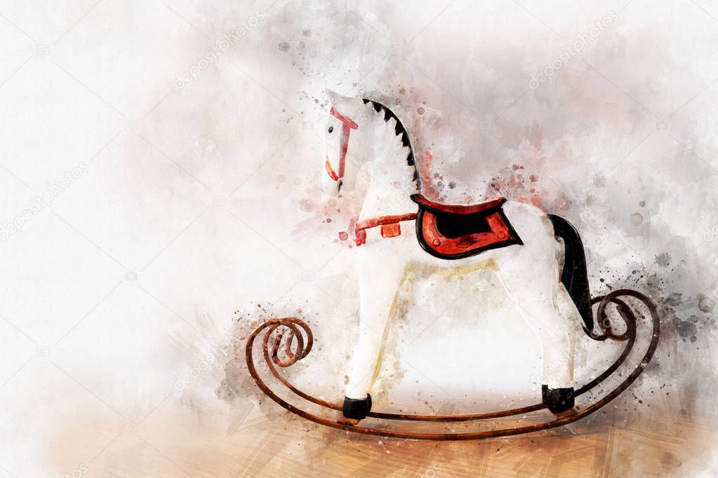 Digital painting of Antique toy rocking horse, watercolor style