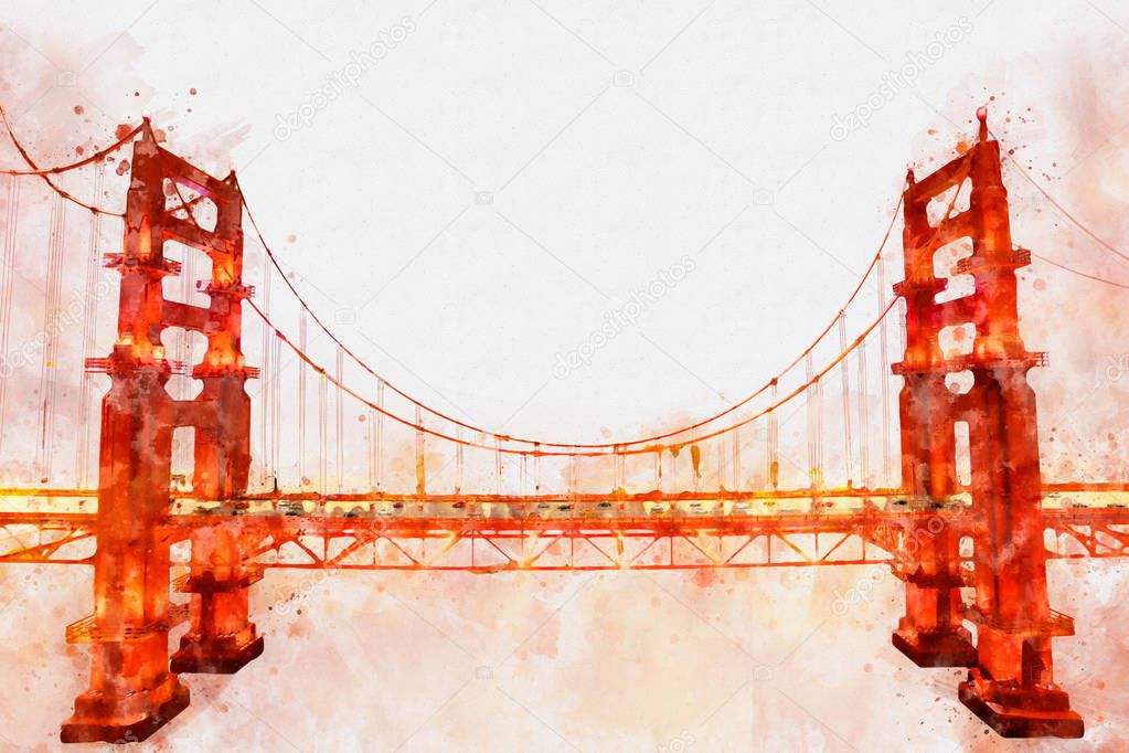 Digital painting of Golden Gate Bridge, watercolor style