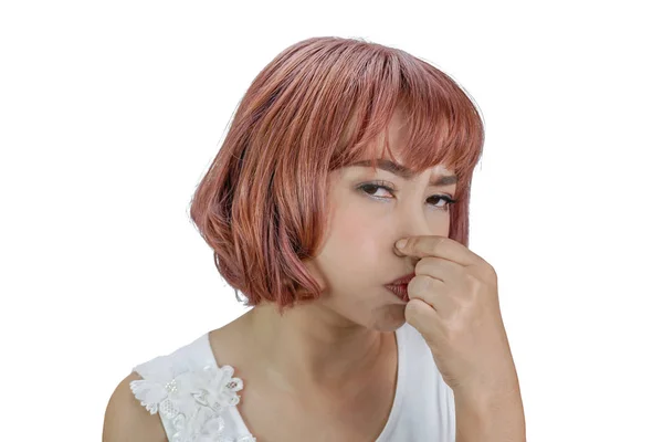 Ásia mulher belisca ela nariz para mau cheiro conceito — Fotografia de Stock
