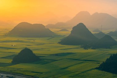 Jinjifeng'de Kolza çiçeği olan küçük köyler (Altın Tavuk