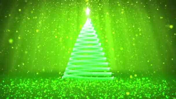 Winterthema für Weihnachten oder Neujahr Hintergrund mit Kopierraum. Nahaufnahme des Weihnachtsbaums aus Partikeln in der Mitte des Bildes. grüne 3D-Weihnachtsbaum v8 mit Glitzerpartikeln dof Lichtstrahlen