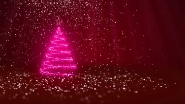 A karácsonyfa fénye fényes részecskék a bal oldali nagylátószögű lövés. Karácsony vagy újév háttér-val másol hely téli téma. Piros 3D-s karácsony fa V1 hó Dof könnyű sugarak forgó tér