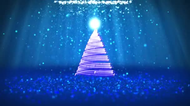 Weitwinkelaufnahme des Winterthemas für Weihnachten oder Neujahr Hintergrund mit Kopierraum. Weihnachtsbaum aus Partikeln im mittleren Rahmen. blauer 3D-Weihnachtsbaum v9 mit Glitzerpartikeln dof Lichtstrahlen