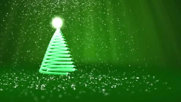 Karácsonyi zöld fény a fényes részecskék bal fa. Karácsony vagy újév háttér-val másol hely téli téma. 3D-s karácsony fa V8 hó Dof könnyű sugarak forgó tér