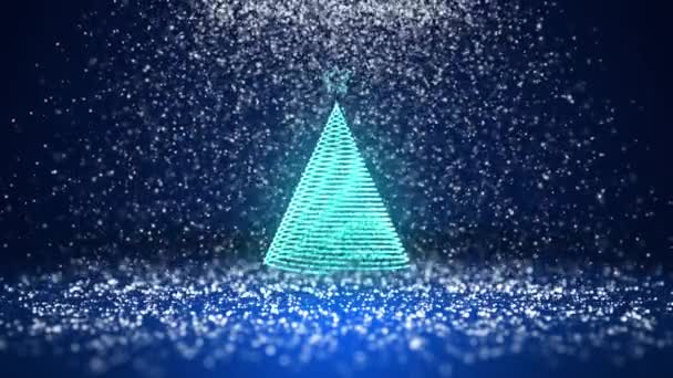 Širokoúhlý záběr zimní téma pro vánoční nebo novoroční pozadí s kopie prostoru. Vánoční strom záře lesklé částice v polovině snímku. Modrá 3d vánoční strom V3 se sněhem Dof