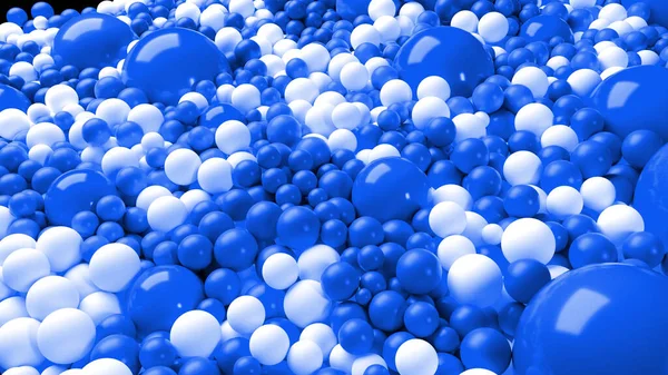 beautiful shiny blue white balls of different colors and sizes completely cover the surface. Some spheres glow. 3d photorealistic render geometric reative holiday background of shiny balls