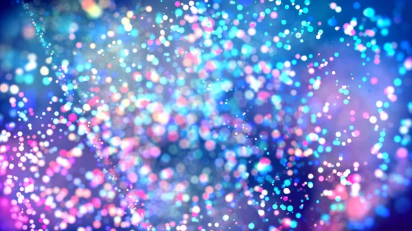 cloud of multicolored particles fly in air slowly or float in liquid like sparkles on dark blue background. Beautiful bokeh light effects with glowing particles. 13